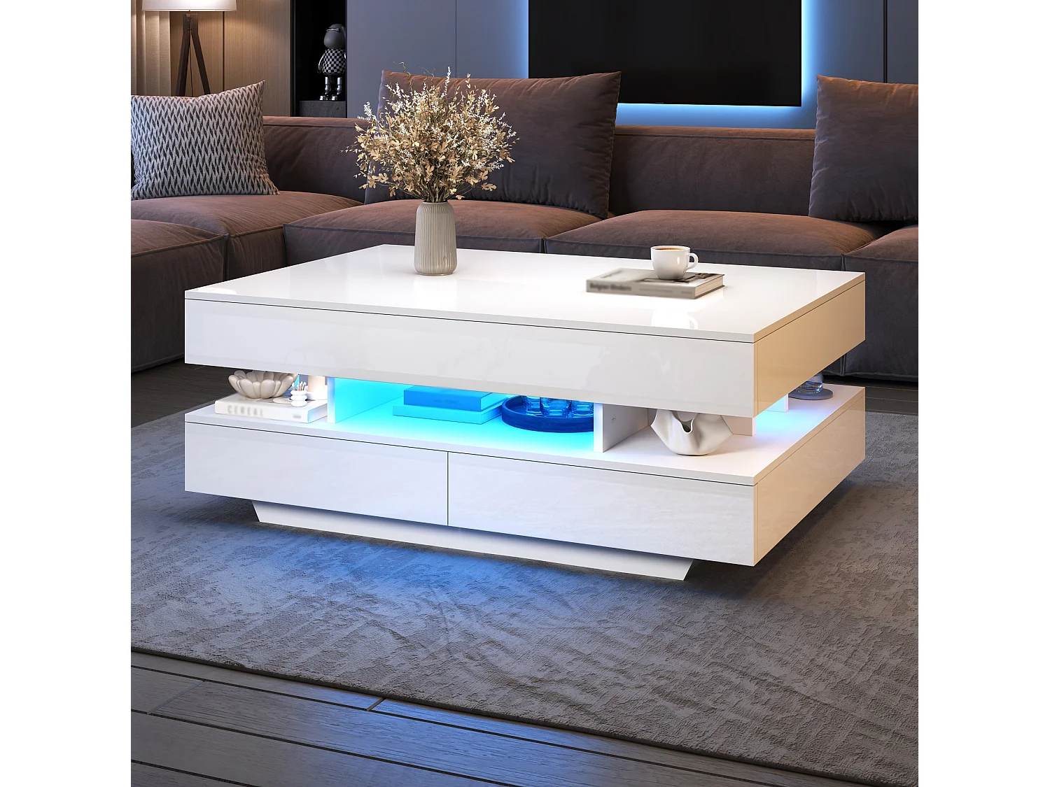 Höhenverstellbarer Couchtisch 100x50x45 cm - mit LED-Beleuchtung und 2 Schubladen - Hochglanz-Beistelltisch - Weiß