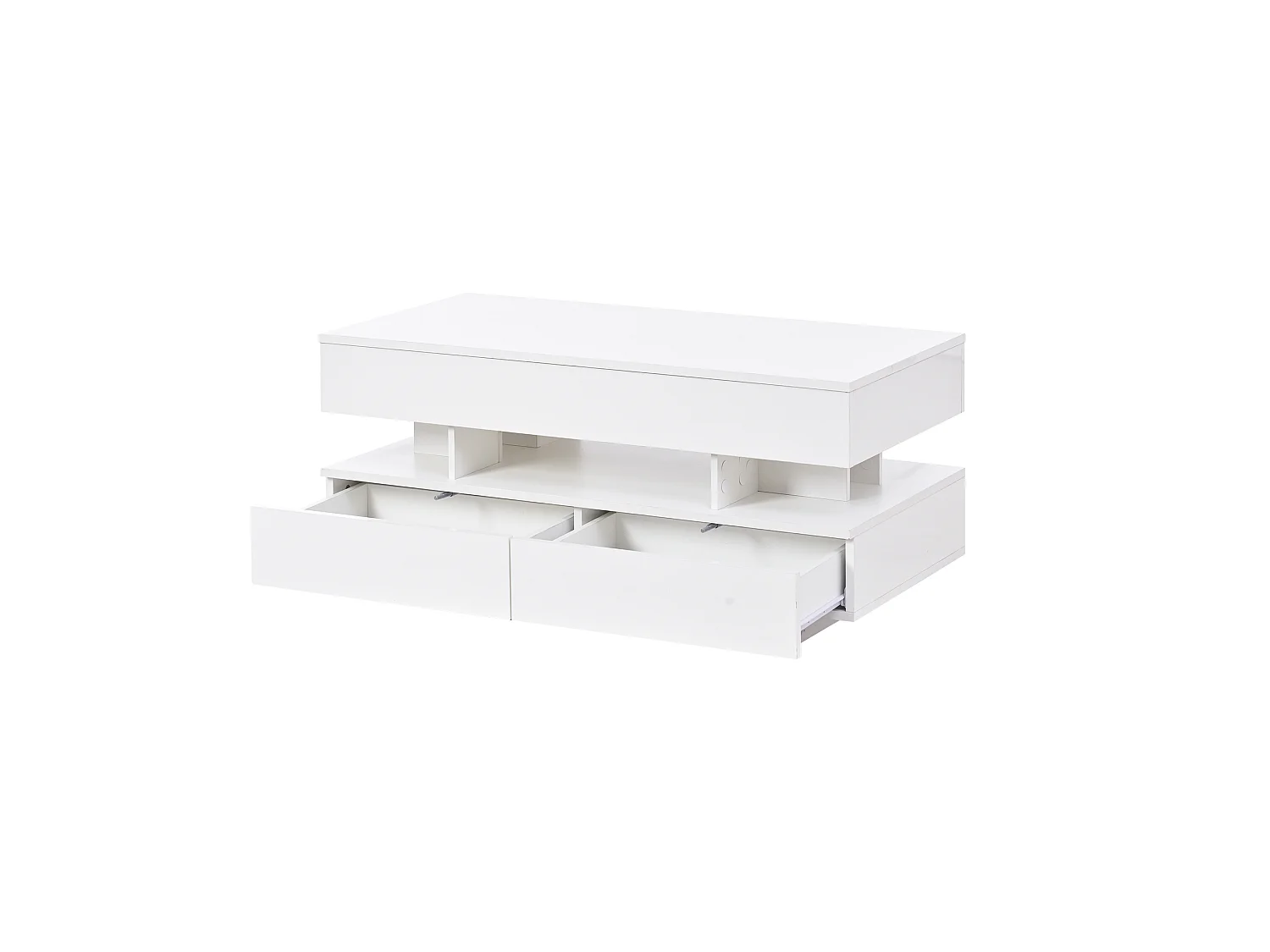 Höhenverstellbarer Couchtisch 100x50x45 cm - mit LED-Beleuchtung und 2 Schubladen - Hochglanz-Beistelltisch - Weiß
