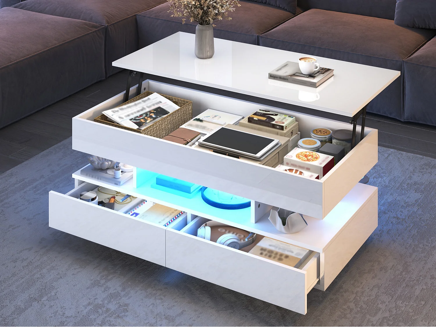 Höhenverstellbarer Couchtisch 100x50x45 cm - mit LED-Beleuchtung und 2 Schubladen - Hochglanz-Beistelltisch - Weiß