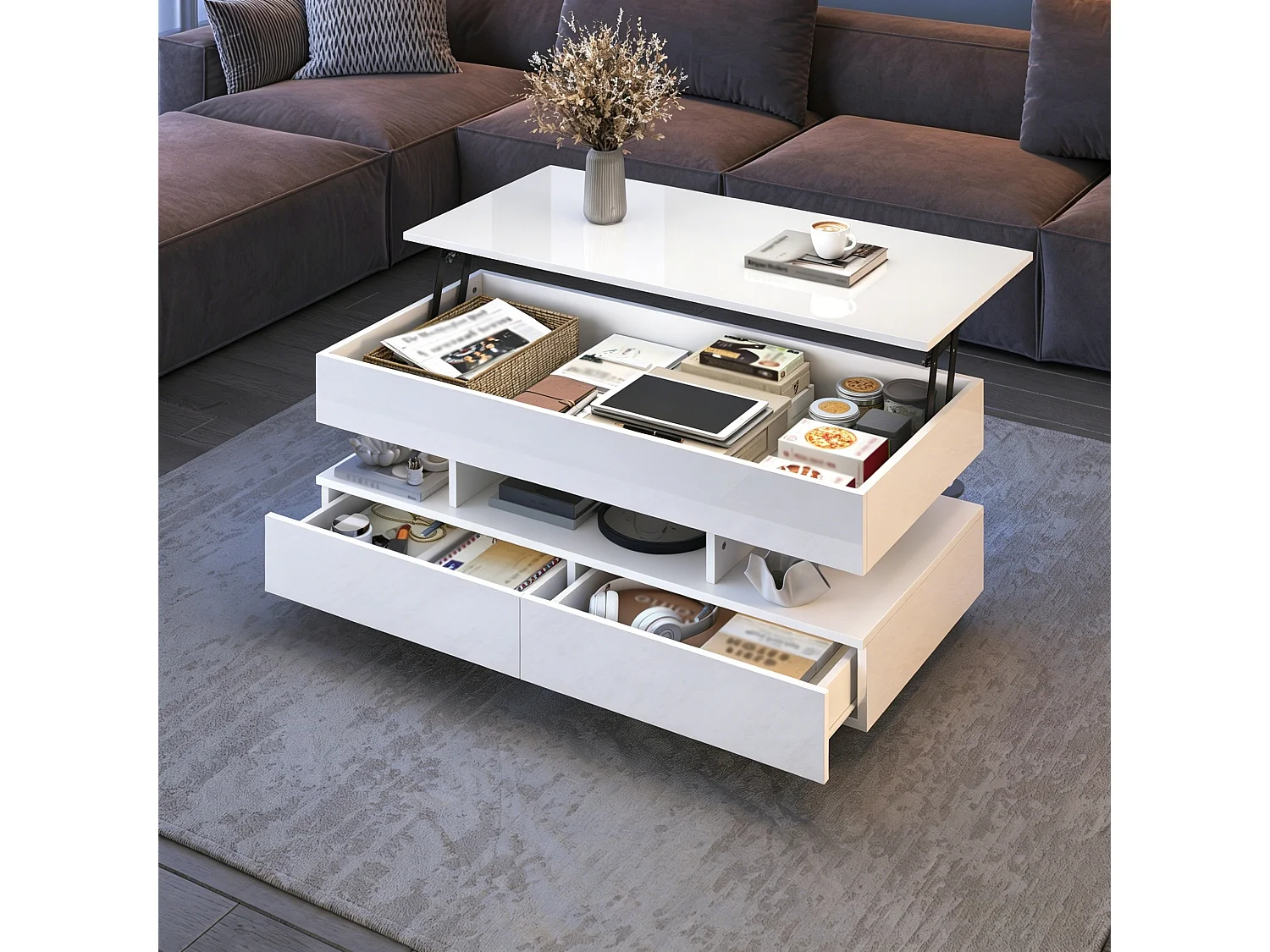 Höhenverstellbarer Couchtisch 100x50x45 cm - mit LED-Beleuchtung und 2 Schubladen - Hochglanz-Beistelltisch - Weiß