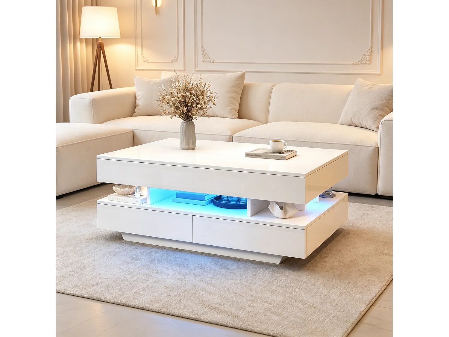 Höhenverstellbarer Couchtisch 100x50x45 cm - mit LED-Beleuchtung und 2 Schubladen - Hochglanz-Beistelltisch - Weiß
