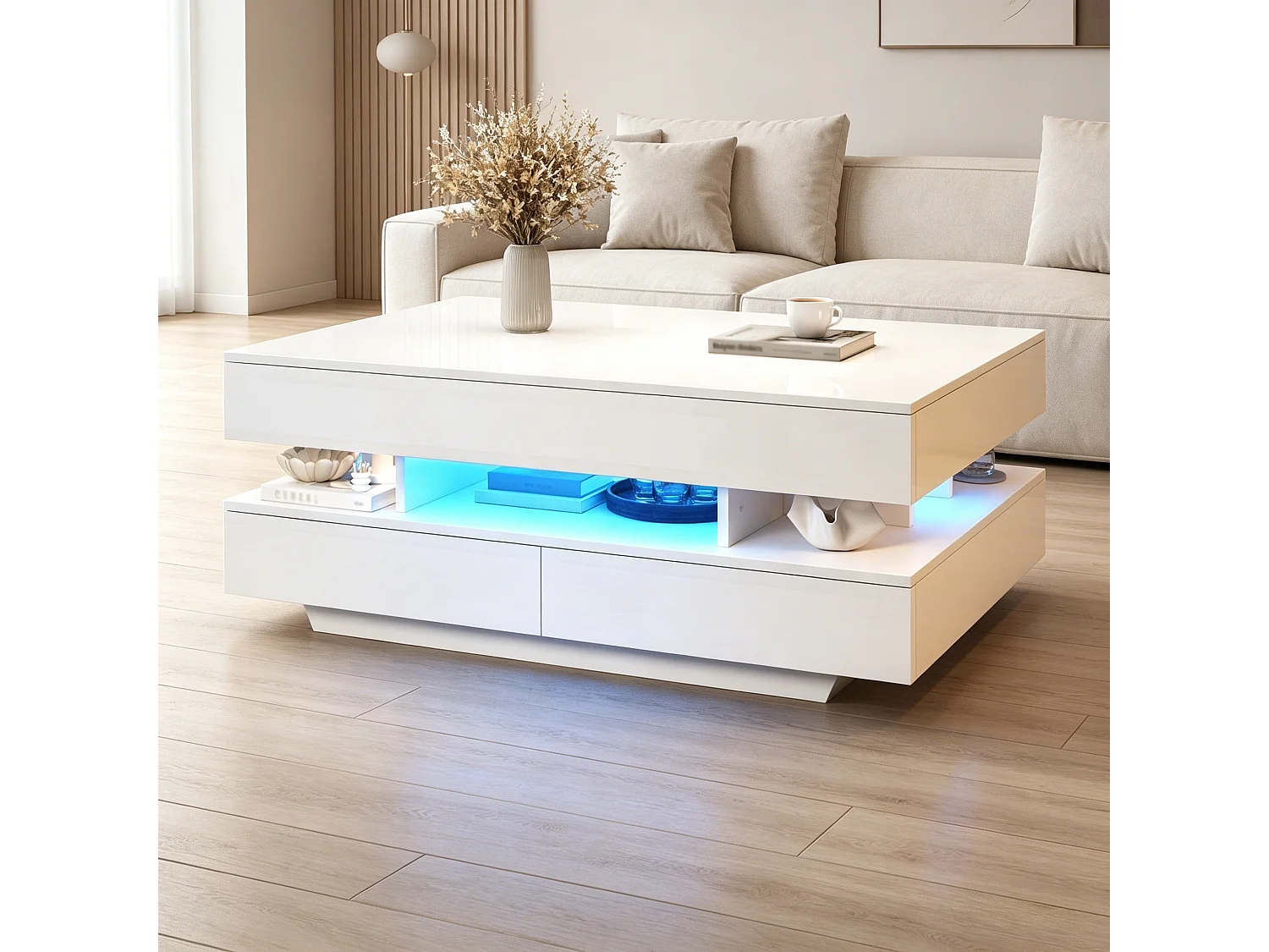 Höhenverstellbarer Couchtisch 100x50x45 cm - mit LED-Beleuchtung und 2 Schubladen - Hochglanz-Beistelltisch - Weiß