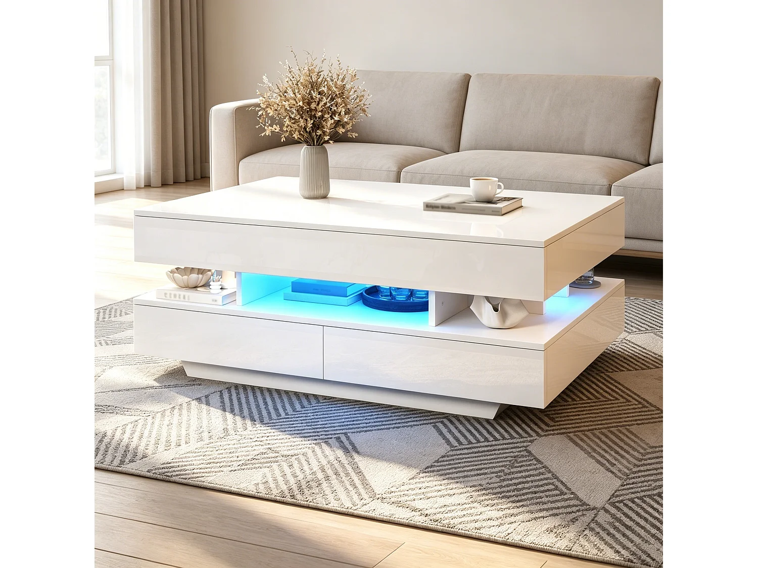 Höhenverstellbarer Couchtisch 100x50x45 cm - mit LED-Beleuchtung und 2 Schubladen - Hochglanz-Beistelltisch - Weiß