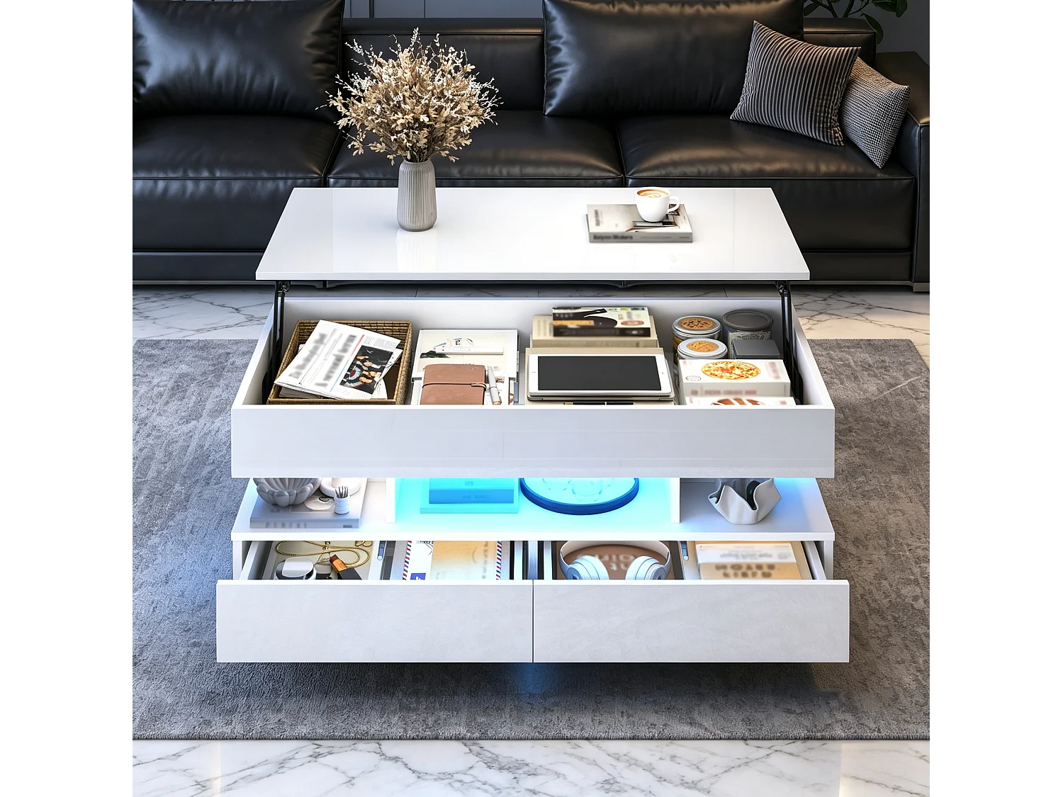 Höhenverstellbarer Couchtisch 100x50x45 cm - mit LED-Beleuchtung und 2 Schubladen - Hochglanz-Beistelltisch - Weiß