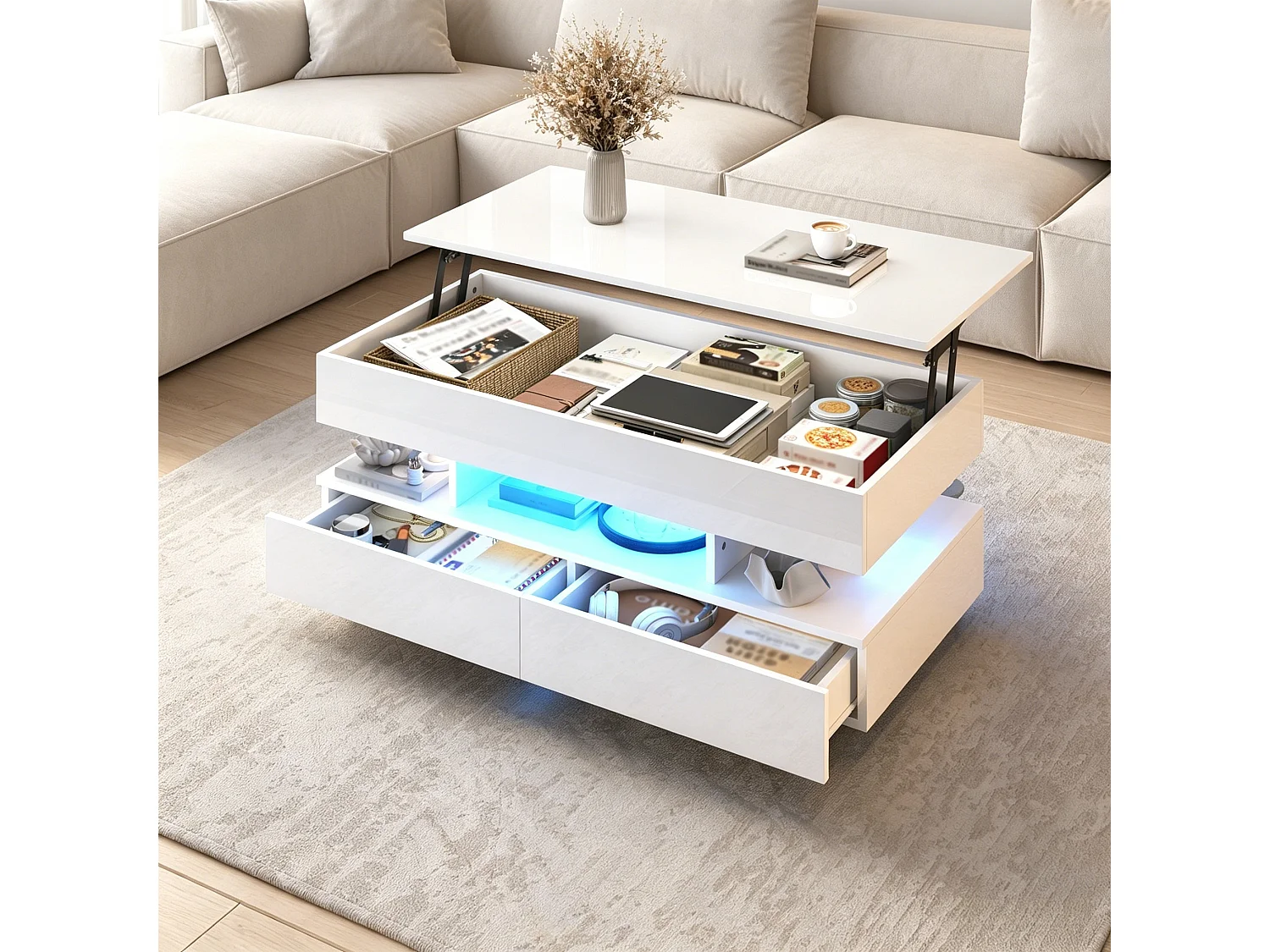 Höhenverstellbarer Couchtisch 100x50x45 cm - mit LED-Beleuchtung und 2 Schubladen - Hochglanz-Beistelltisch - Weiß