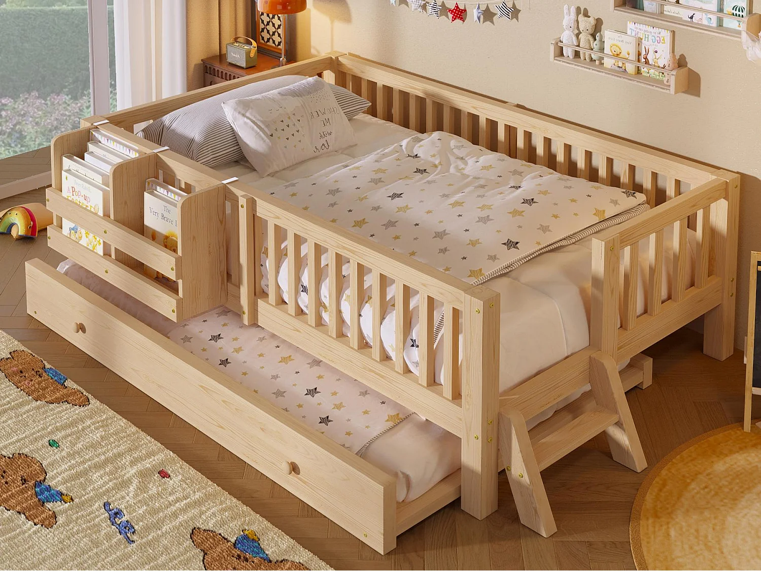 Lit enfant en bois 90x200cm - Avec lit gigogne - Avec barrières de sécurité et petite échelle - MDF - Naturel(Matelas non inclus)