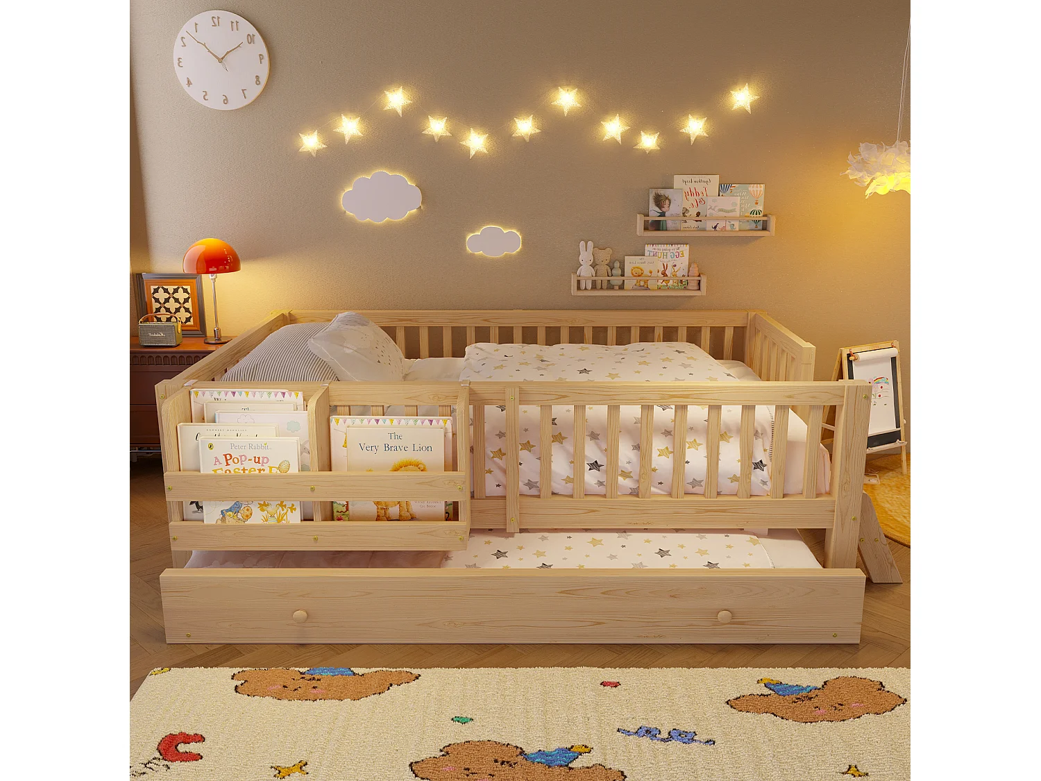 Lit enfant en bois 90x200cm - Avec lit gigogne - Avec barrières de sécurité et petite échelle - MDF - Naturel(Matelas non inclus)