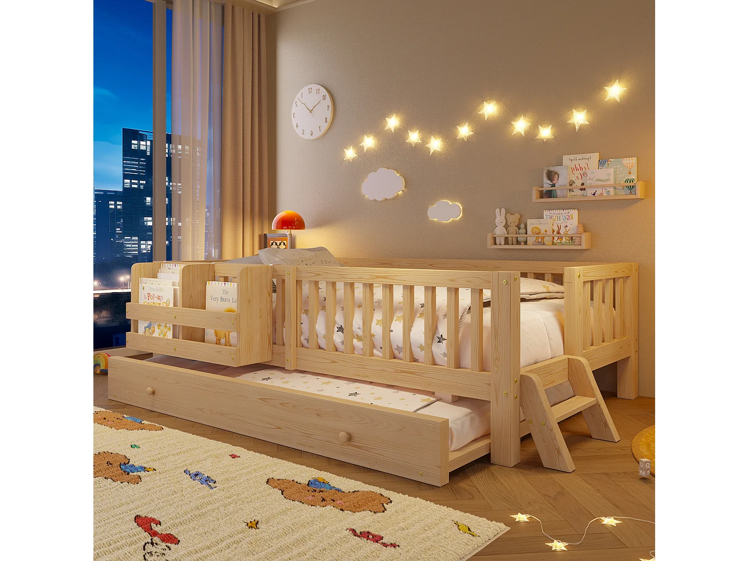 Lit enfant en bois 90x200cm - Avec lit gigogne - Avec barrières de sécurité et petite échelle - MDF - Naturel(Matelas non inclus)