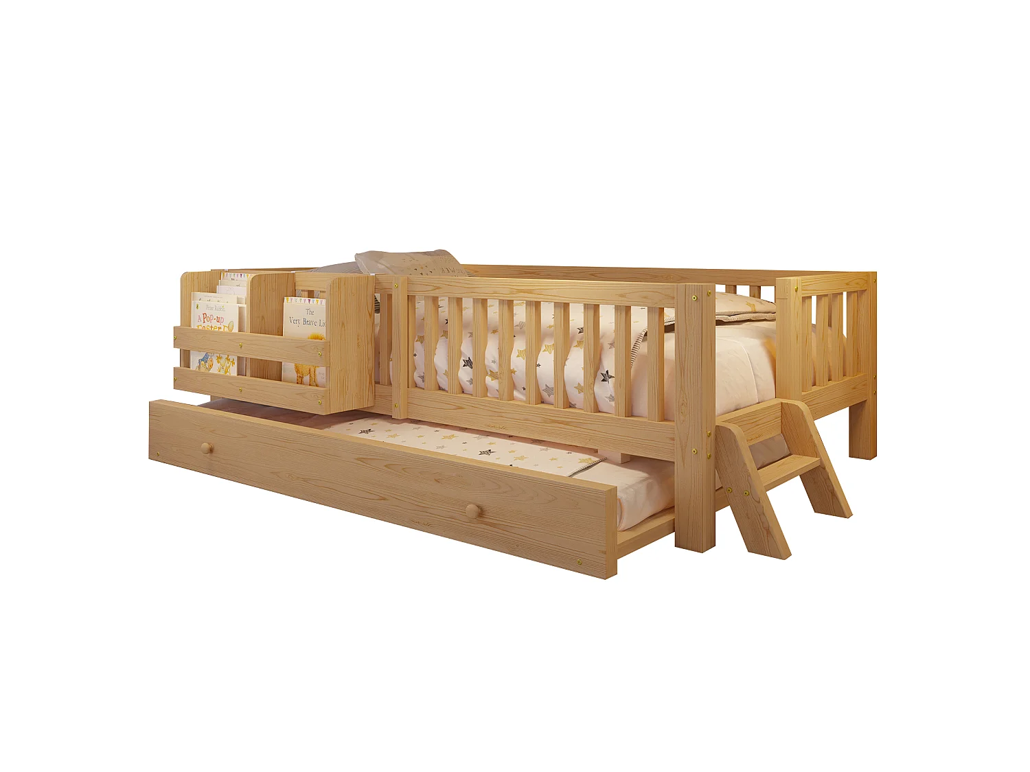 Lit enfant en bois 90x200cm - Avec lit gigogne - Avec barrières de sécurité et petite échelle - MDF - Naturel(Matelas non inclus)