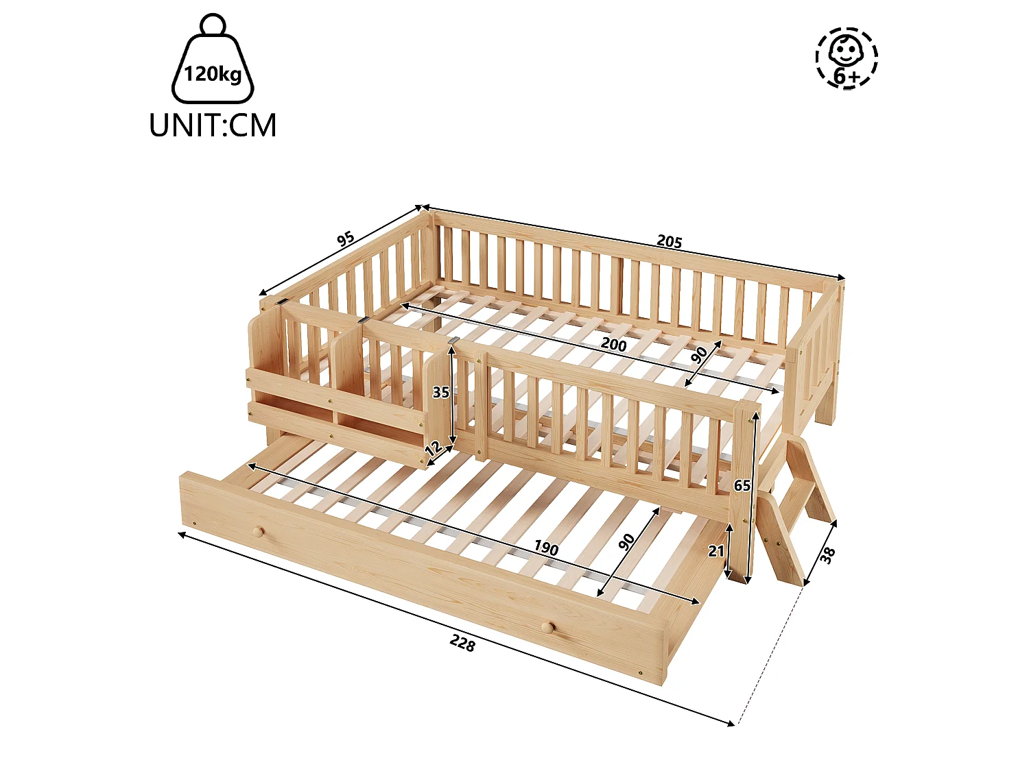 Lit enfant en bois 90x200cm - Avec lit gigogne - Avec barrières de sécurité et petite échelle - MDF - Naturel(Matelas non inclus)