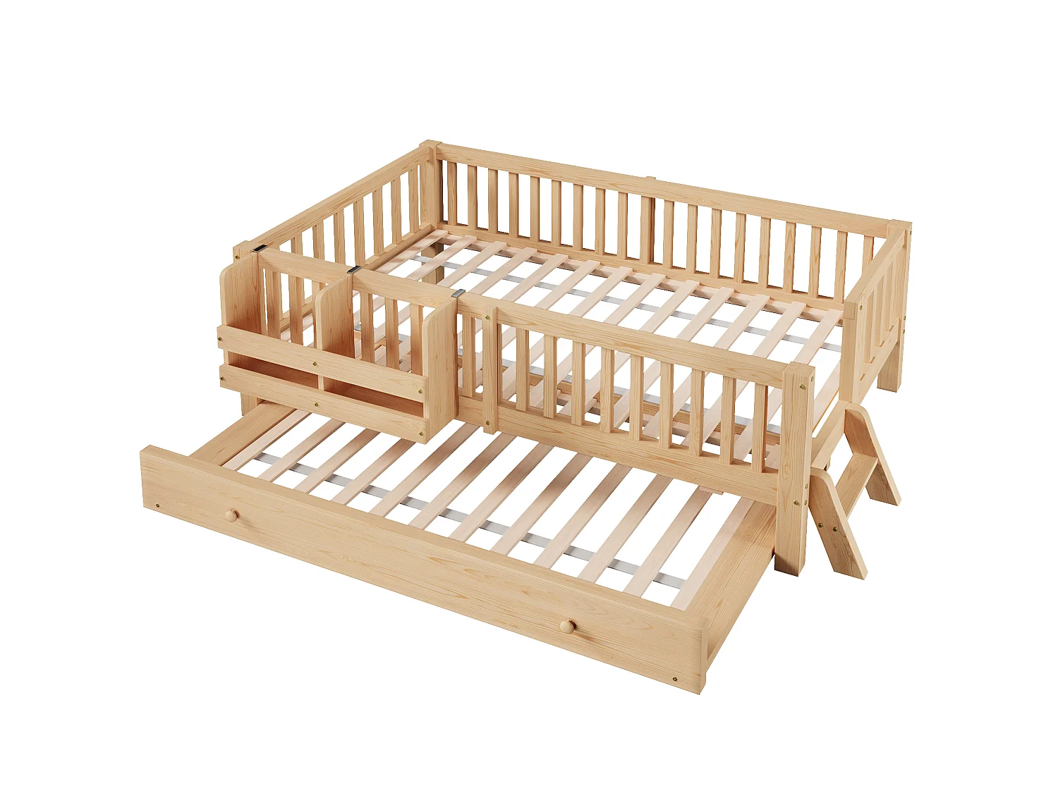 Lit enfant en bois 90x200cm - Avec lit gigogne - Avec barrières de sécurité et petite échelle - MDF - Naturel(Matelas non inclus)