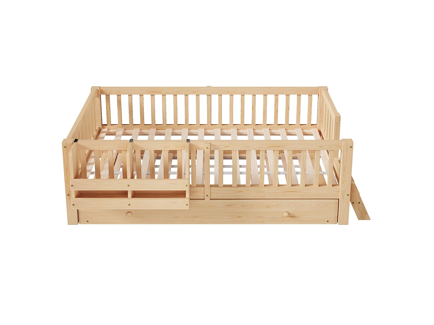 Lit enfant en bois 90x200cm - Avec lit gigogne - Avec barrières de sécurité et petite échelle - MDF - Naturel(Matelas non inclus)