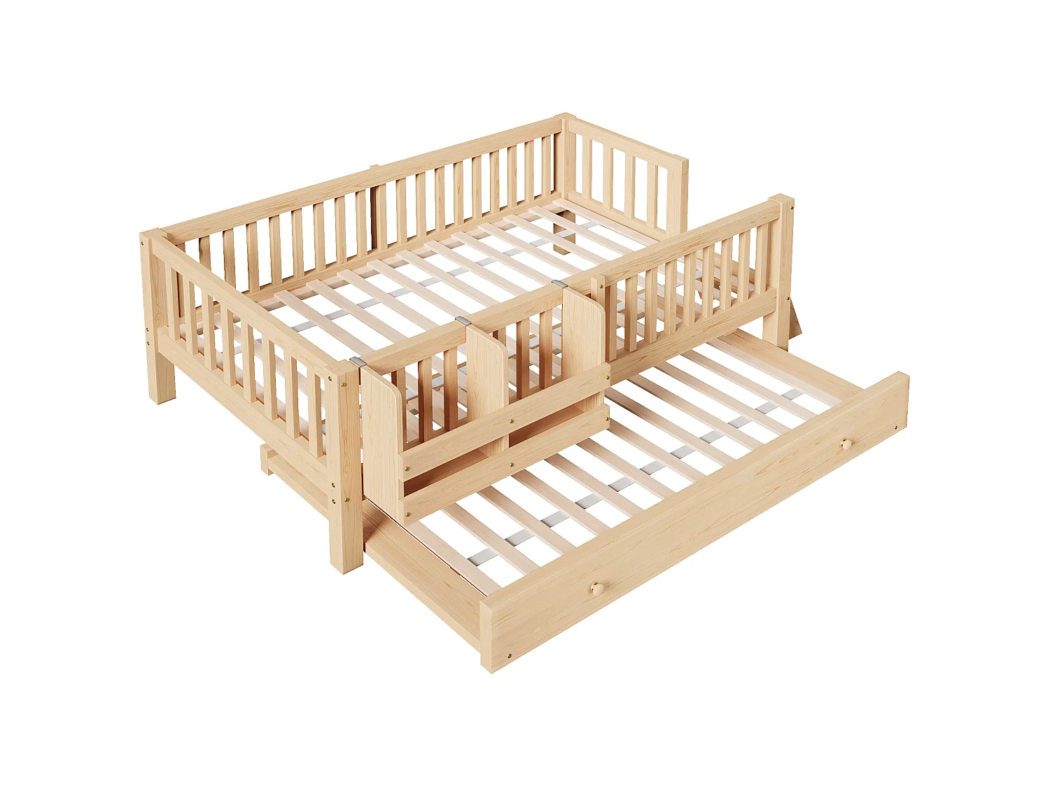 Lit enfant en bois 90x200cm - Avec lit gigogne - Avec barrières de sécurité et petite échelle - MDF - Naturel(Matelas non inclus)