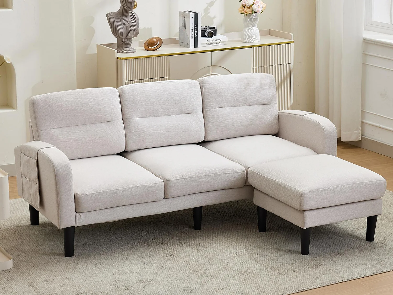 L-formad 3-sits hörnsoffa med schäslong - sidofickor för förvaring - idealisk för vardagsrummet - 204x136x80 cm - beige