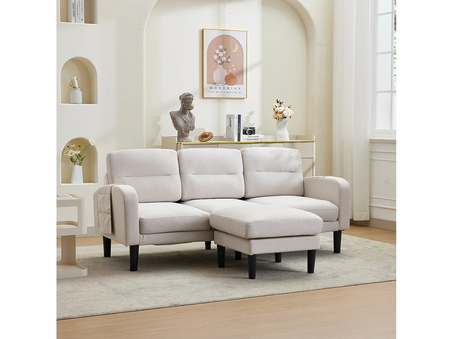 L-formad 3-sits hörnsoffa med schäslong - sidofickor för förvaring - idealisk för vardagsrummet - 204x136x80 cm - beige