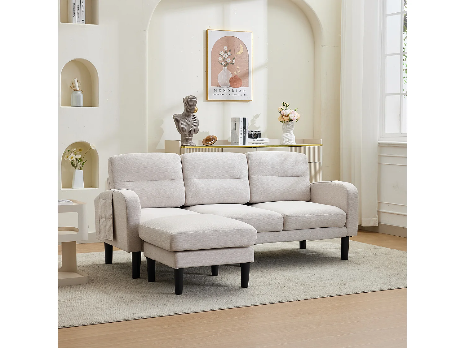 L-formad 3-sits hörnsoffa med schäslong - sidofickor för förvaring - idealisk för vardagsrummet - 204x136x80 cm - beige