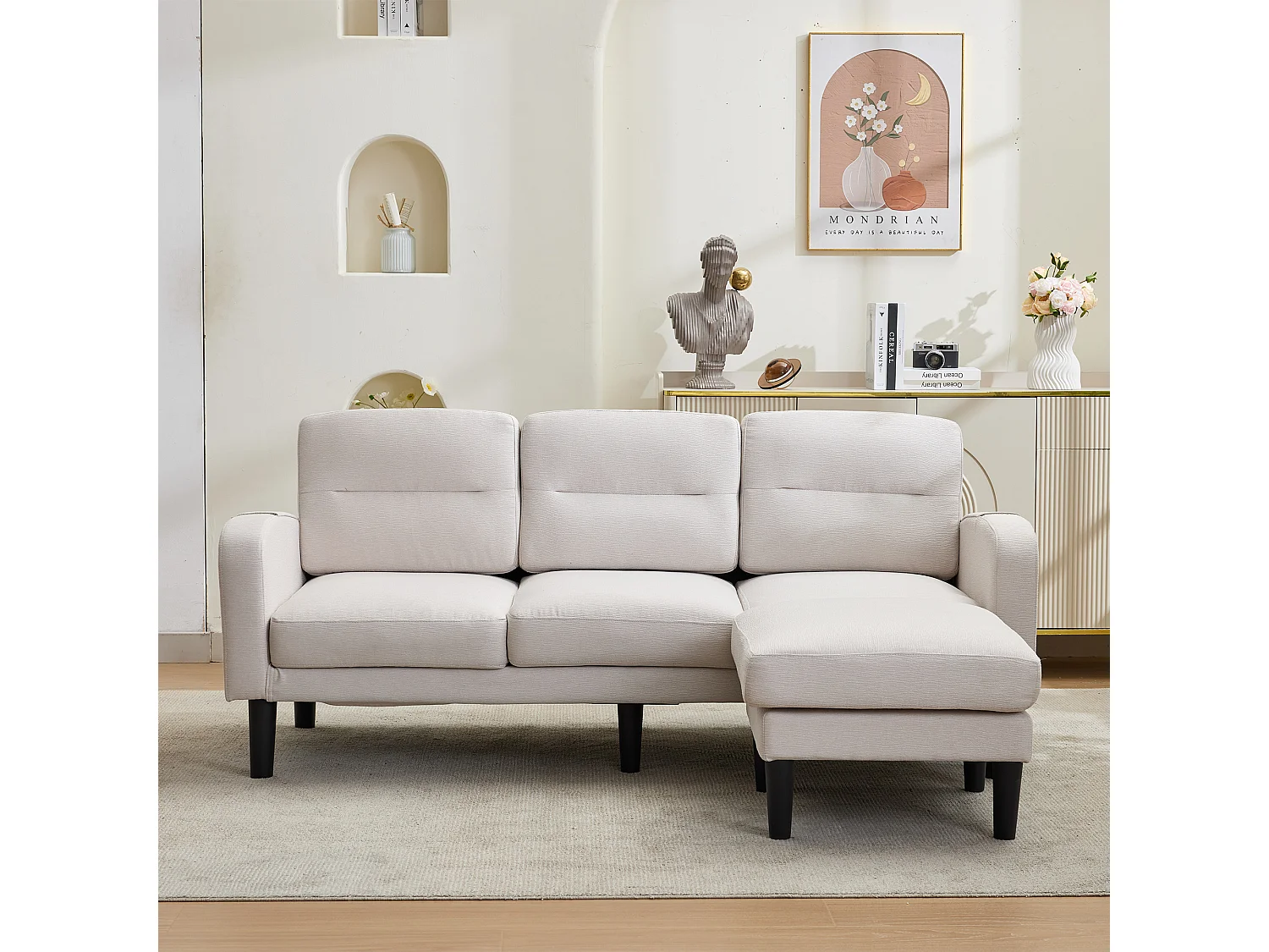 L-formad 3-sits hörnsoffa med schäslong - sidofickor för förvaring - idealisk för vardagsrummet - 204x136x80 cm - beige