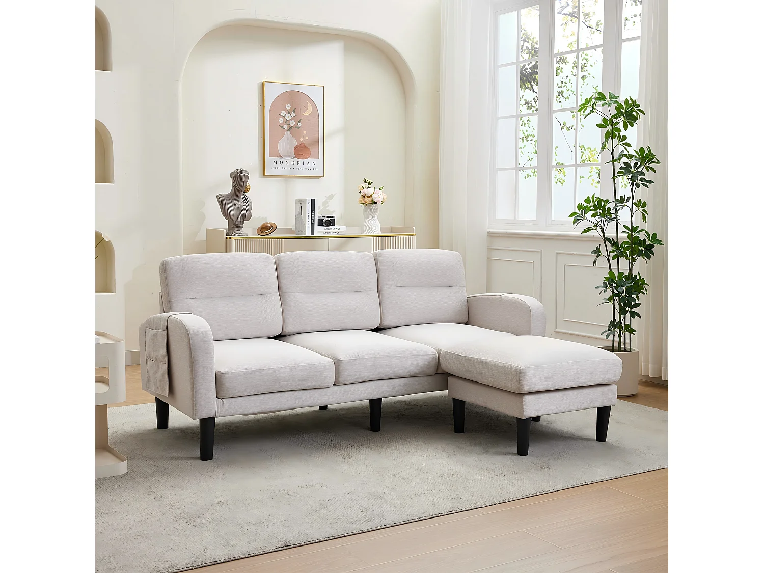 L-formad 3-sits hörnsoffa med schäslong - sidofickor för förvaring - idealisk för vardagsrummet - 204x136x80 cm - beige
