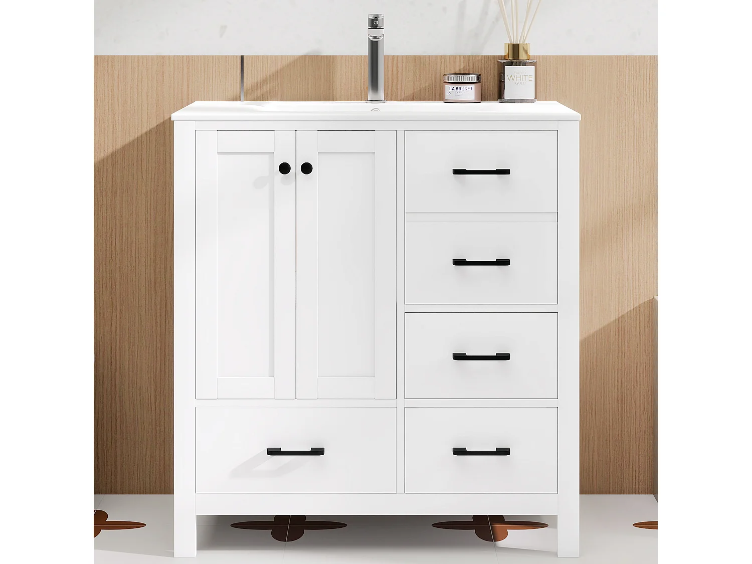 Mebel łazienkowy z ceramiczną umywalką - 76,2x46,2x82 cm - 4 szuflady i 2 drzwi - Malowane wykończenie - MDF - biały
