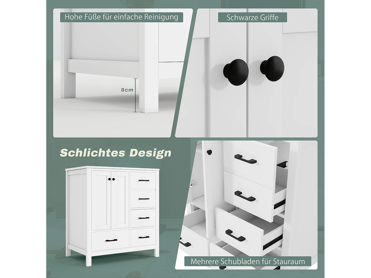 Mebel łazienkowy z ceramiczną umywalką - 76,2x46,2x82 cm - 4 szuflady i 2 drzwi - Malowane wykończenie - MDF - biały