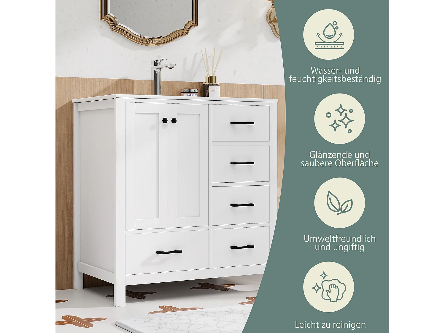 Mebel łazienkowy z ceramiczną umywalką - 76,2x46,2x82 cm - 4 szuflady i 2 drzwi - Malowane wykończenie - MDF - biały