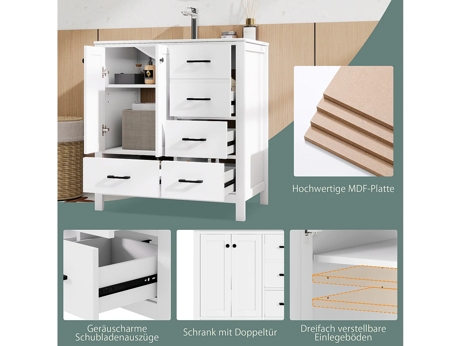 Mebel łazienkowy z ceramiczną umywalką - 76,2x46,2x82 cm - 4 szuflady i 2 drzwi - Malowane wykończenie - MDF - biały