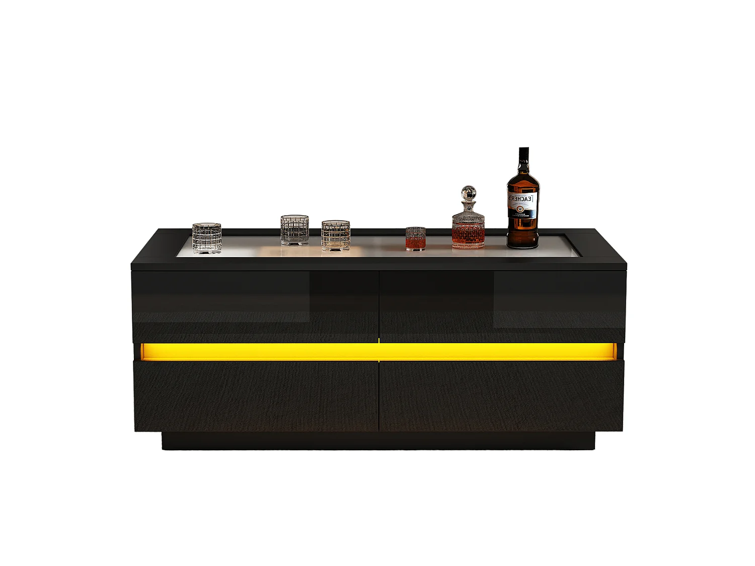 Sofabord med LED-belysning 100x50x40 cm - 4 skuffer - bordplade i hærdet glas - højglans finish - spånplade - sort
