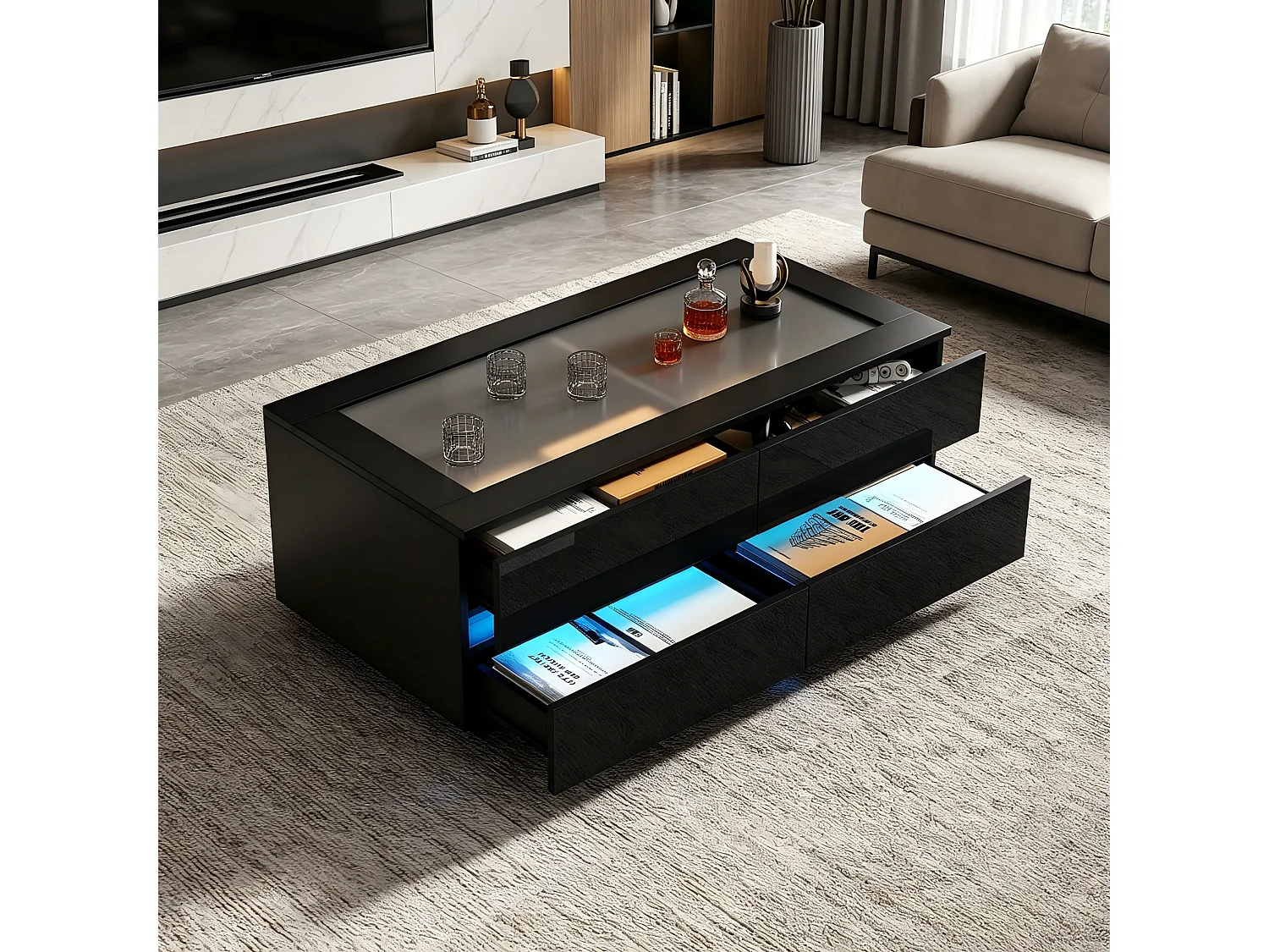 Sofabord med LED-belysning 100x50x40 cm - 4 skuffer - bordplade i hærdet glas - højglans finish - spånplade - sort