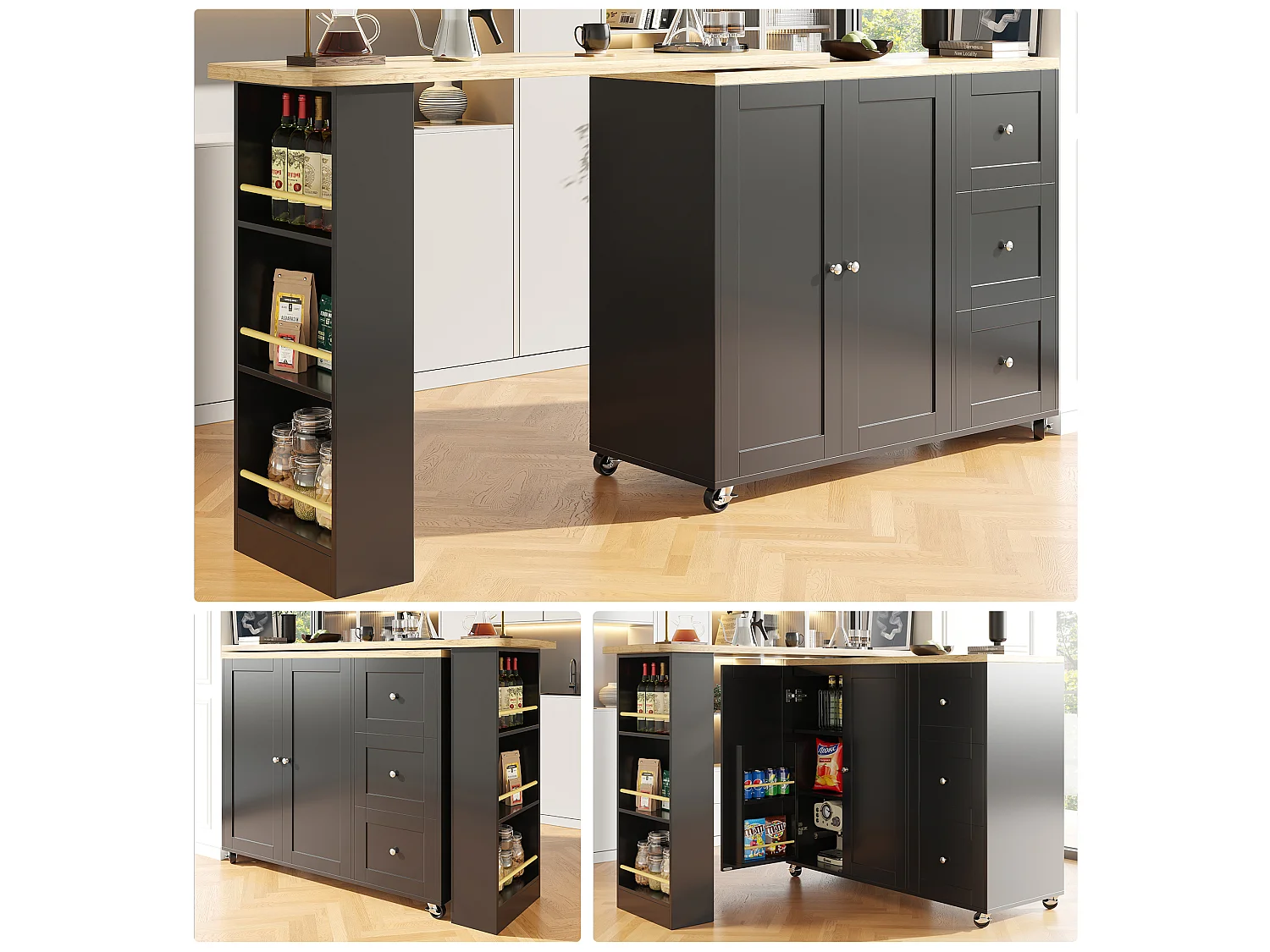 Sideboard, Rotating Bar Cabinet - MDF - 3 Drawers and 2 Doors - Black