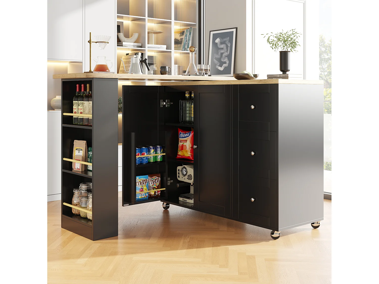 Sideboard, Rotating Bar Cabinet - MDF - 3 Drawers and 2 Doors - Black