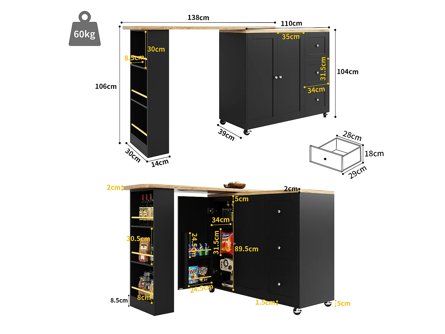 Sideboard, Rotating Bar Cabinet - MDF - 3 Drawers and 2 Doors - Black