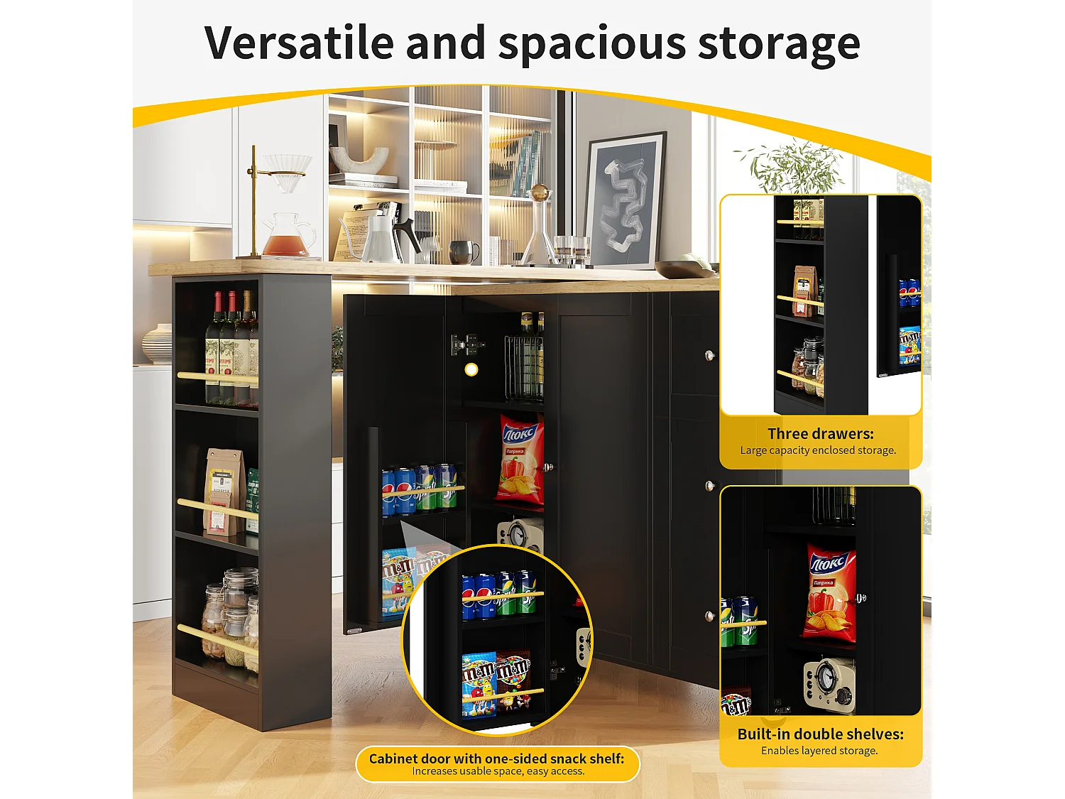 Sideboard, Rotating Bar Cabinet - MDF - 3 Drawers and 2 Doors - Black