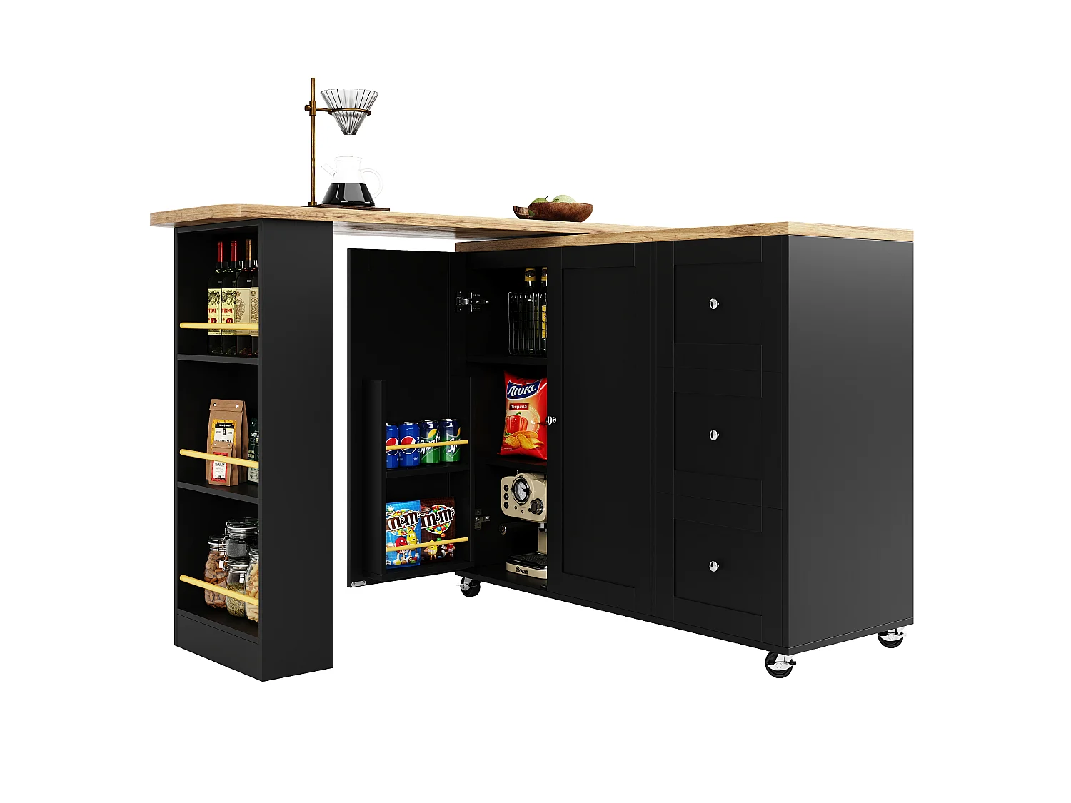 Sideboard, Rotating Bar Cabinet - MDF - 3 Drawers and 2 Doors - Black