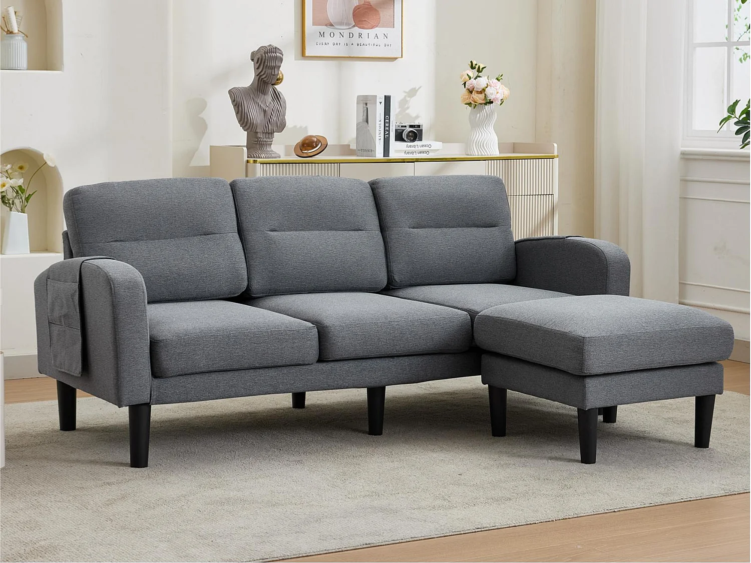 L-formad 3-sits hörnsoffa med schäslong - sidofickor för förvaring - idealisk för vardagsrummet - 204x136x80 cm - grå