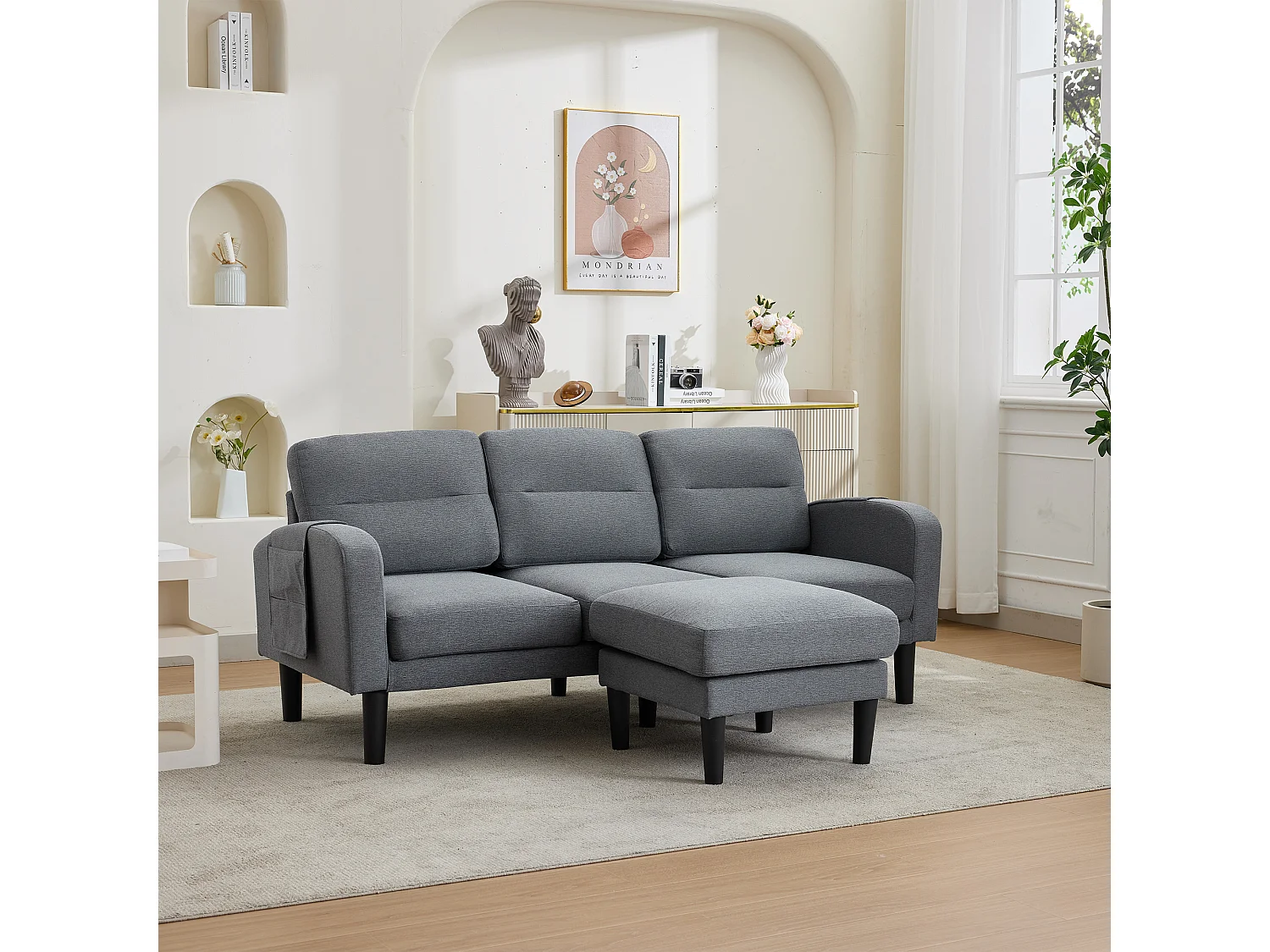 L-formad 3-sits hörnsoffa med schäslong - sidofickor för förvaring - idealisk för vardagsrummet - 204x136x80 cm - grå