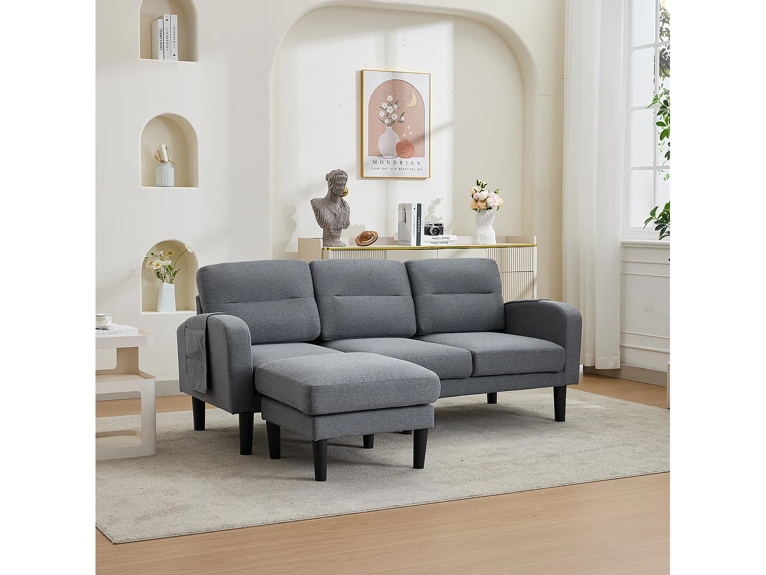 L-formad 3-sits hörnsoffa med schäslong - sidofickor för förvaring - idealisk för vardagsrummet - 204x136x80 cm - grå