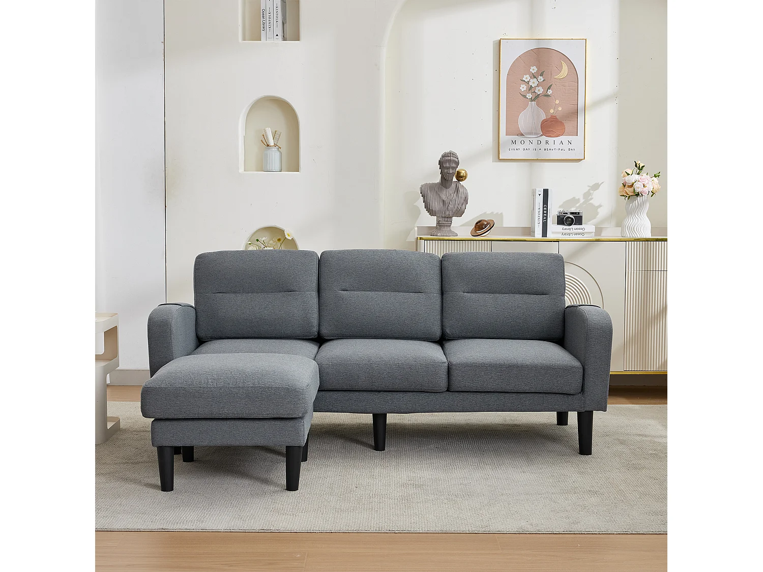 L-formad 3-sits hörnsoffa med schäslong - sidofickor för förvaring - idealisk för vardagsrummet - 204x136x80 cm - grå