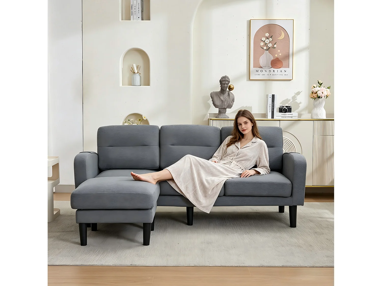 L-formad 3-sits hörnsoffa med schäslong - sidofickor för förvaring - idealisk för vardagsrummet - 204x136x80 cm - grå