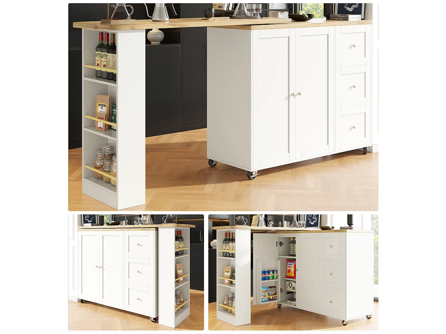 Sideboard, Rotating Bar Cabinet - MDF - 3 Drawers and 2 Doors - White
