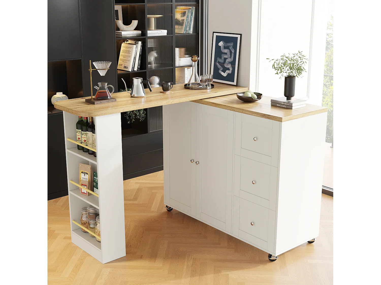 Sideboard, Rotating Bar Cabinet - MDF - 3 Drawers and 2 Doors - White