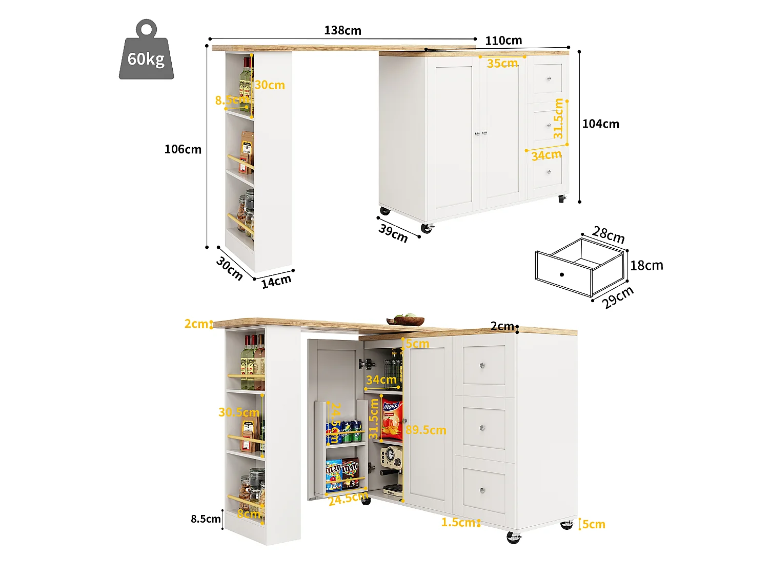 Sideboard, Rotating Bar Cabinet - MDF - 3 Drawers and 2 Doors - White