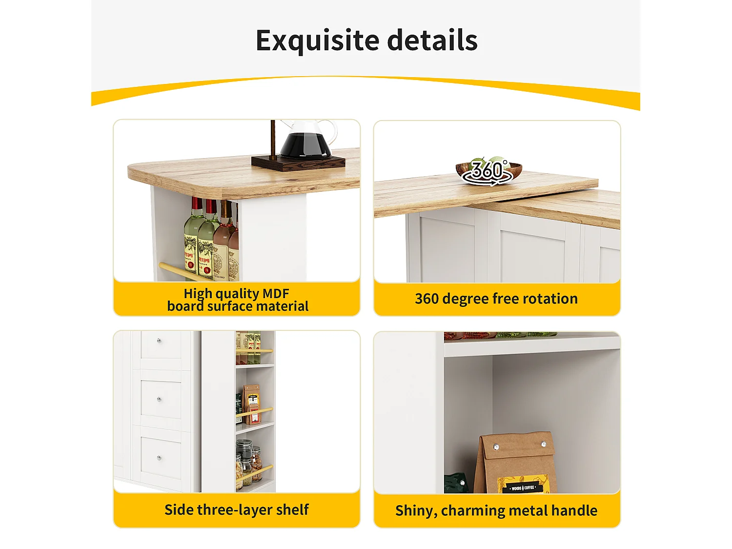Sideboard, Rotating Bar Cabinet - MDF - 3 Drawers and 2 Doors - White
