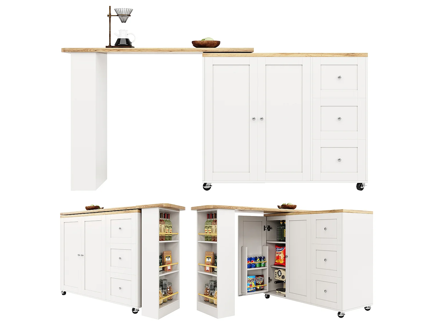 Sideboard, Rotating Bar Cabinet - MDF - 3 Drawers and 2 Doors - White