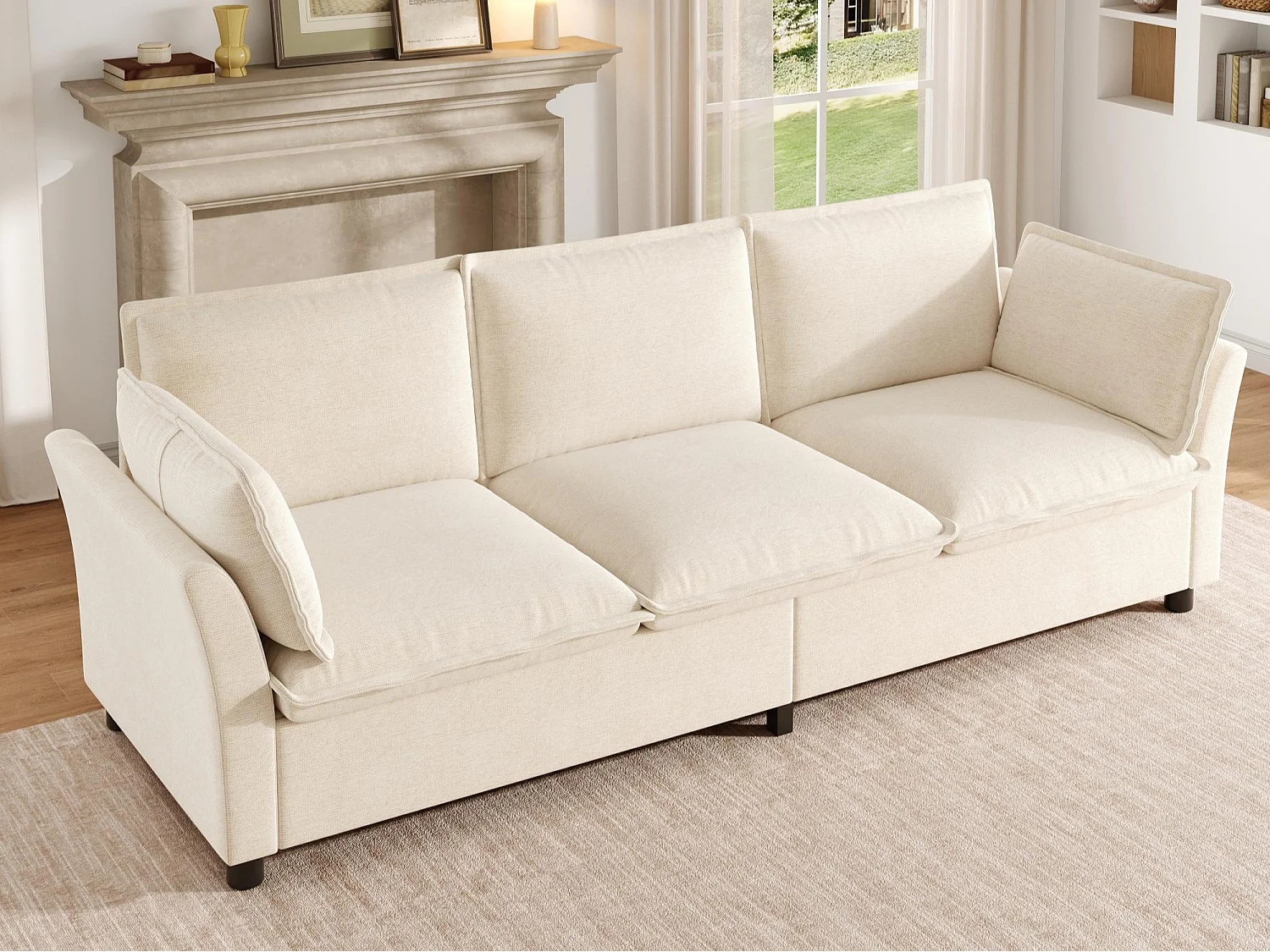 3-sitssoffa design "Molneffekt" i chenilletyg, ergonomisk soffa med 2 kuddar och robust konstruktion, för modernt vardagsrum - beige