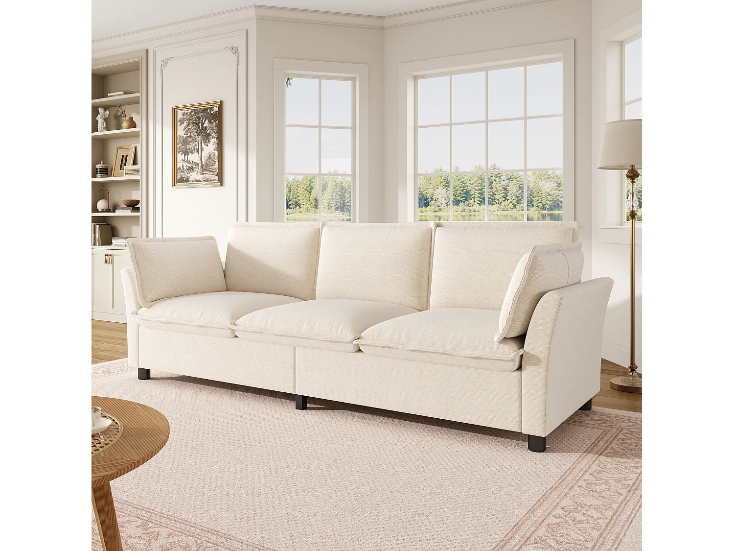 3-sitssoffa design "Molneffekt" i chenilletyg, ergonomisk soffa med 2 kuddar och robust konstruktion, för modernt vardagsrum - beige