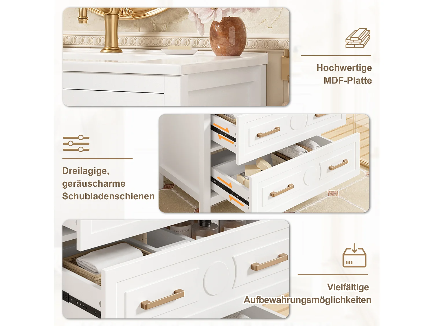 Mebel łazienkowy z ceramiczną umywalką - 76,5 x 47 x 82 cm - zintegrowana umywalka ceramiczna - z 3 szufladami - MDF - biały