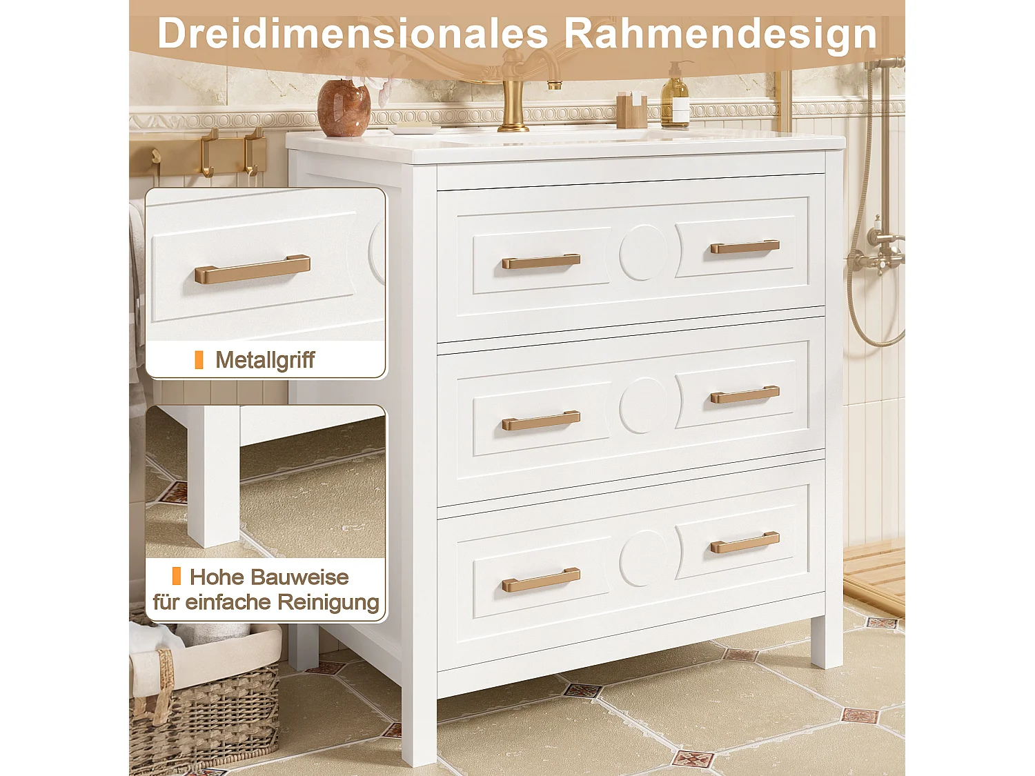Mebel łazienkowy z ceramiczną umywalką - 76,5 x 47 x 82 cm - zintegrowana umywalka ceramiczna - z 3 szufladami - MDF - biały
