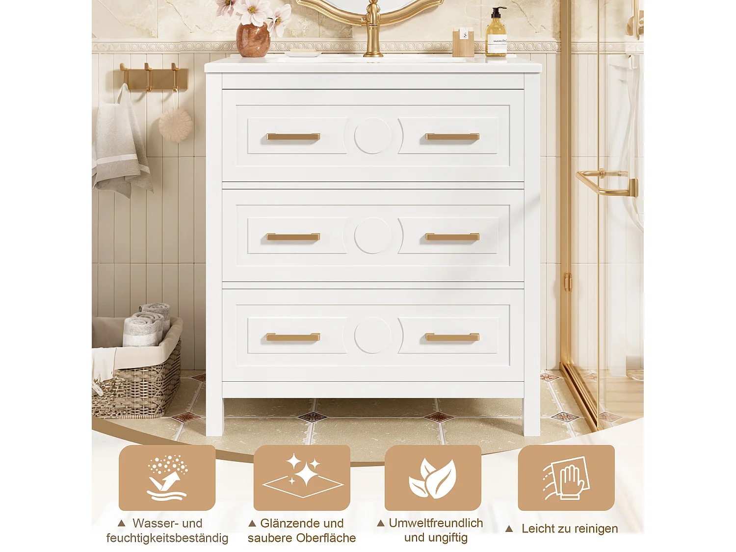 Mebel łazienkowy z ceramiczną umywalką - 76,5 x 47 x 82 cm - zintegrowana umywalka ceramiczna - z 3 szufladami - MDF - biały