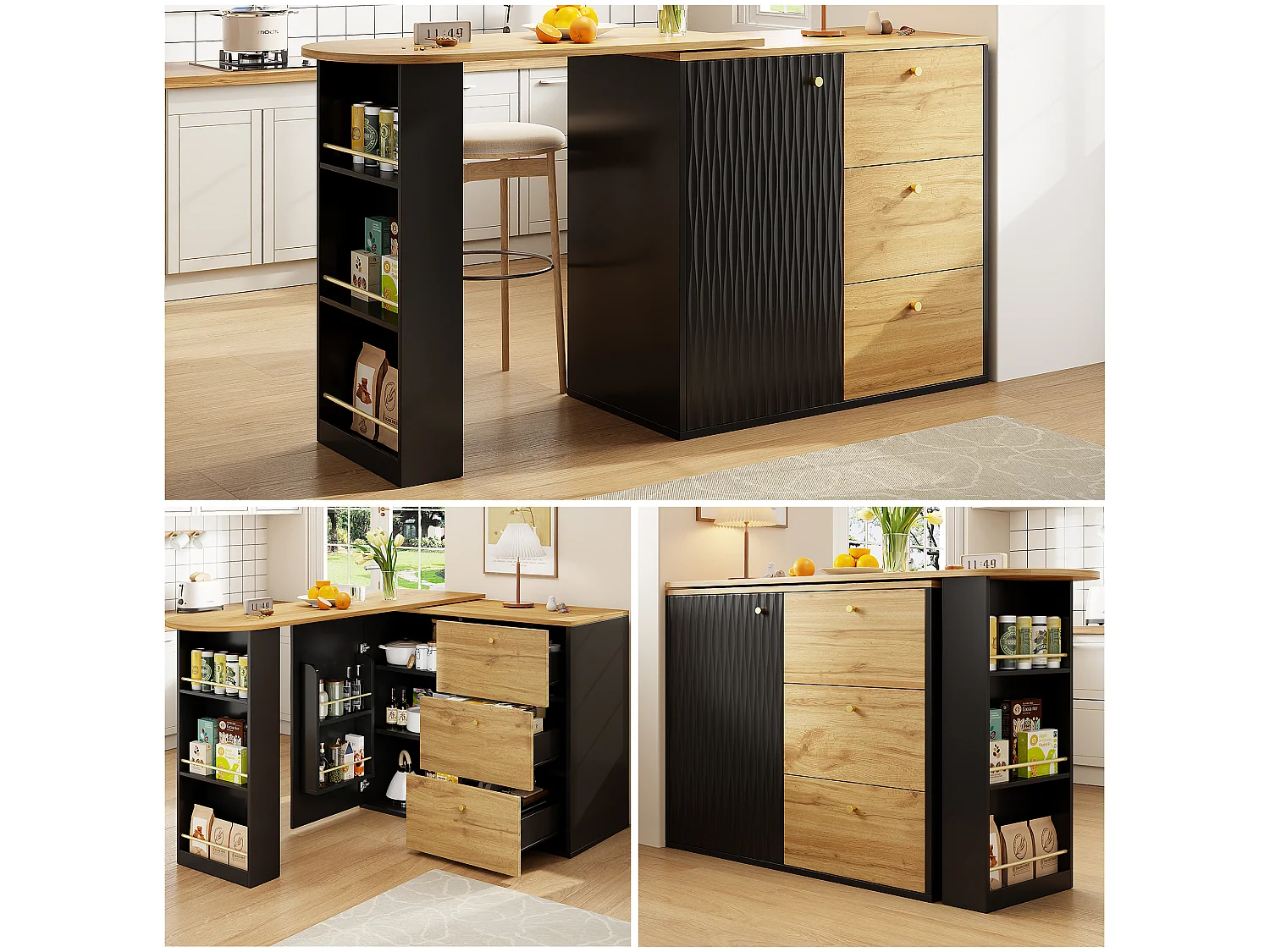 360° Rotating and Retractable Bar Cabinet - with 3 Drawers and 1 Door - Open Shelves - Black + Natural
