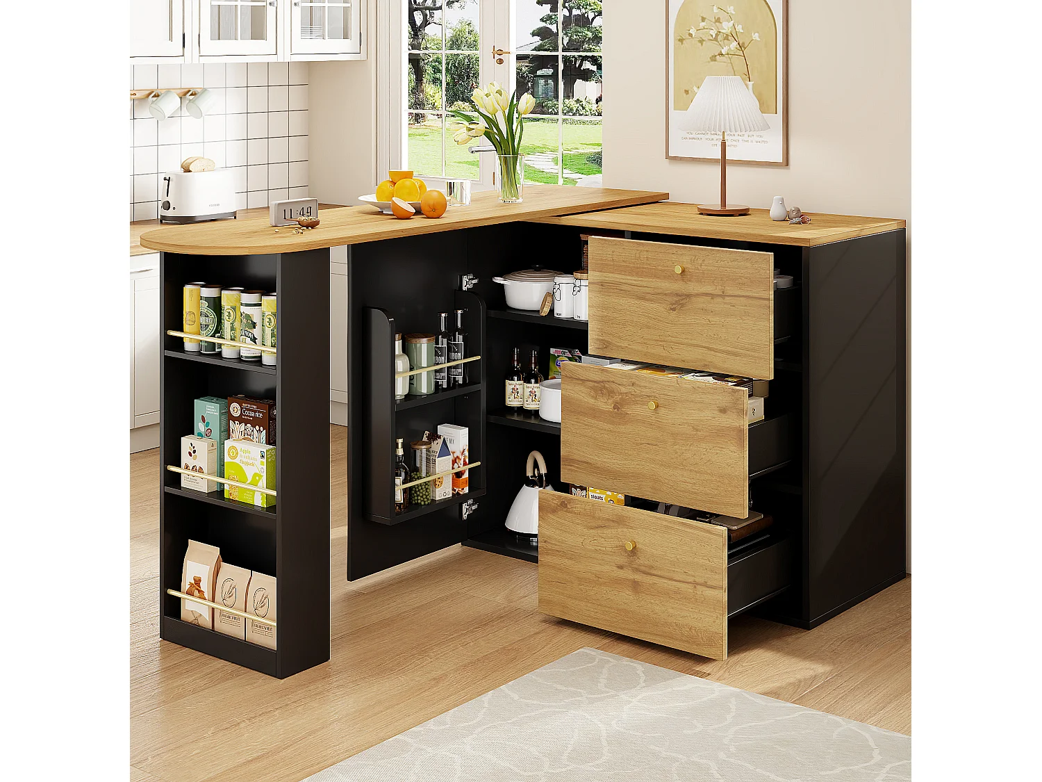 360° Rotating and Retractable Bar Cabinet - with 3 Drawers and 1 Door - Open Shelves - Black + Natural